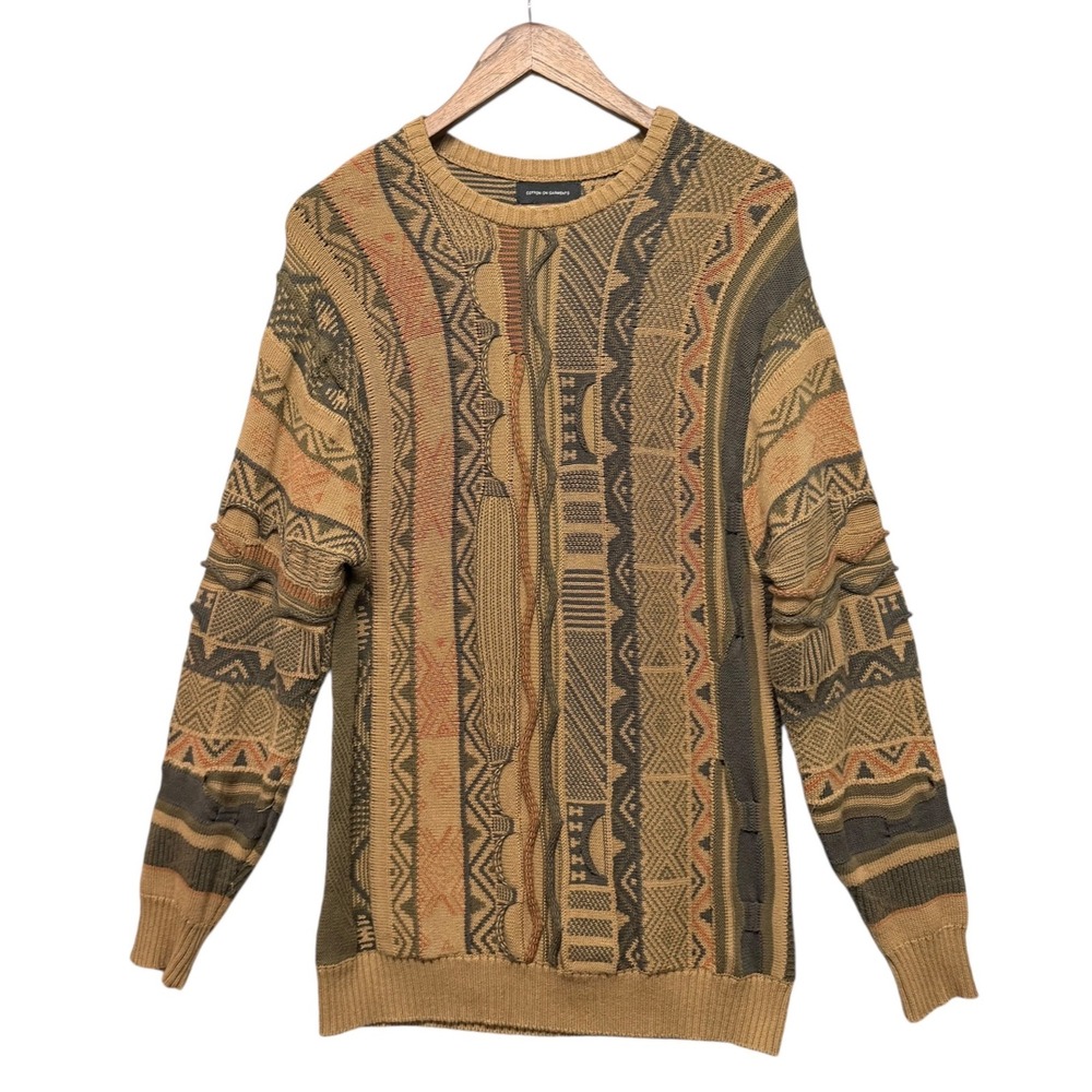 Mens L 3D Knit Vtg Coogi STYLE Sweater Tan Brown Geometric Textured Grandpacore